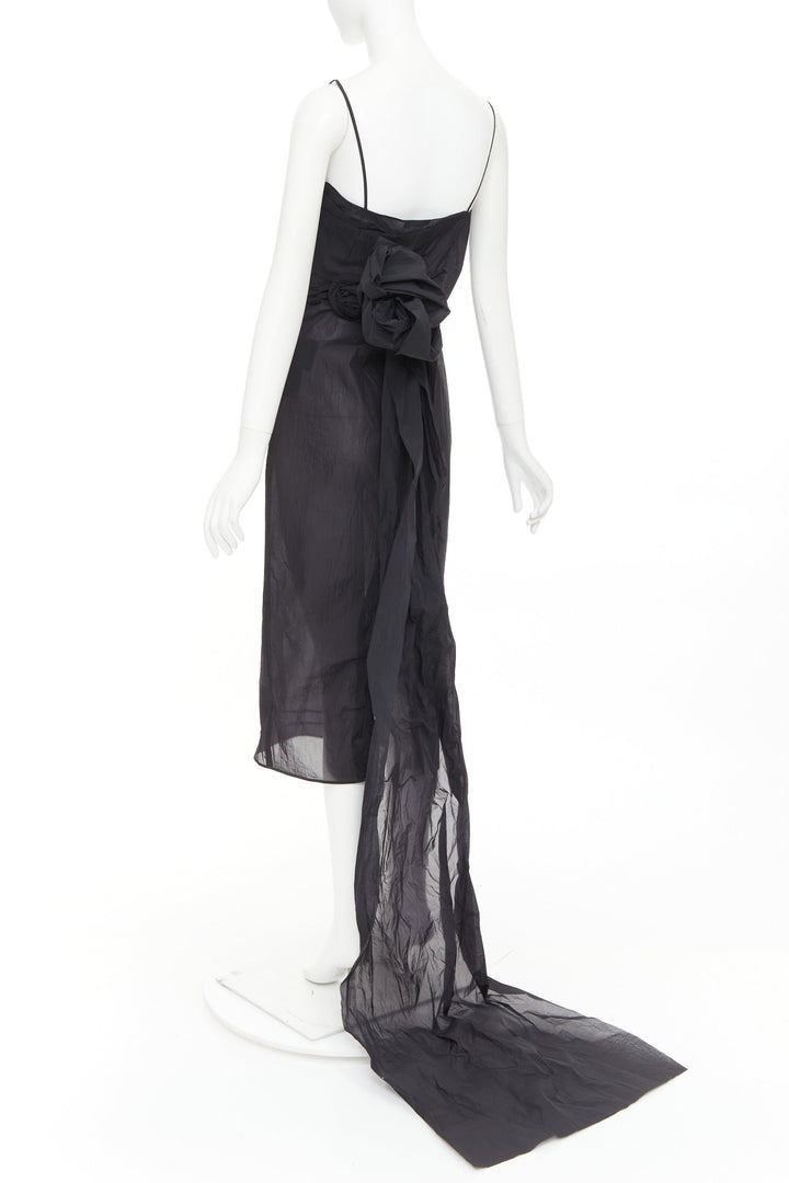 PRADA 2023 Runway black crinkled Re-Nylon crepe rosette draped slip gown IT38 XS