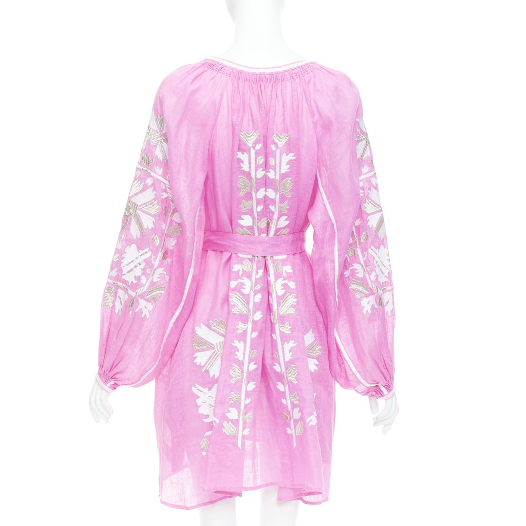 MARCH 11 100% linen pink white silver cotton embroidery boho dress S