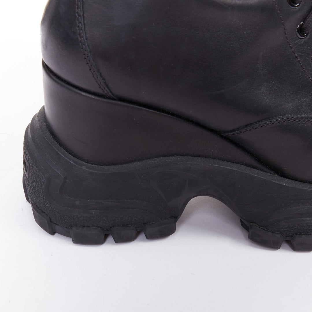 MIU MIU Runway black leather logo lace up chunky wedge tall boots EU39