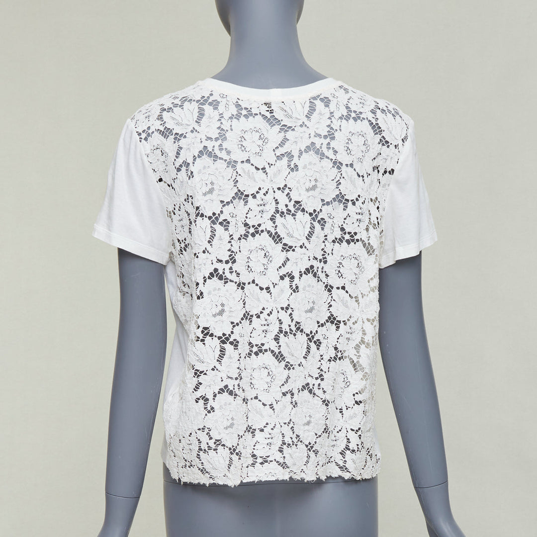 VALENTINO cream cotton intricate lace back sheer hi low tshirt S