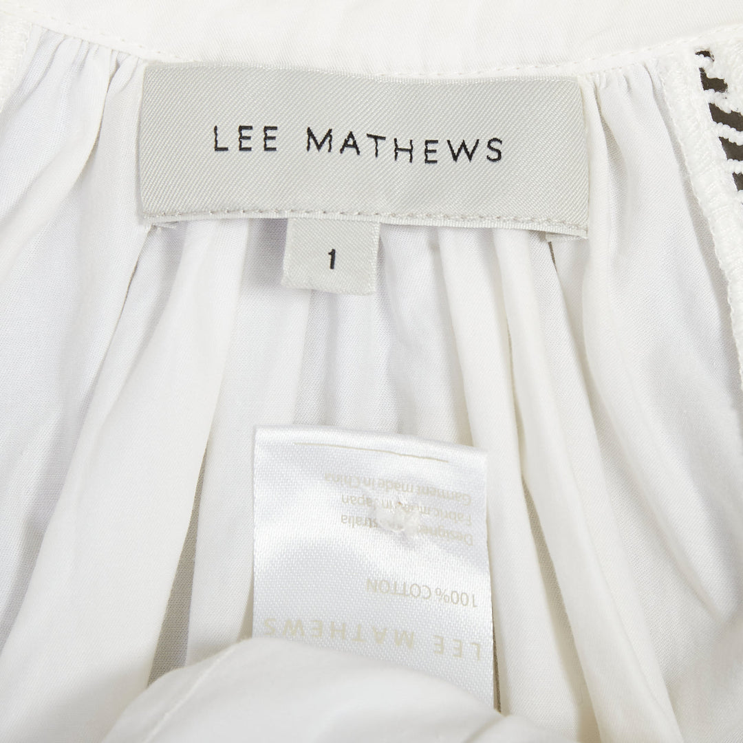 LEE MATHEWS white cotton ruffle lace trim peasant blouse Sz.1 XS