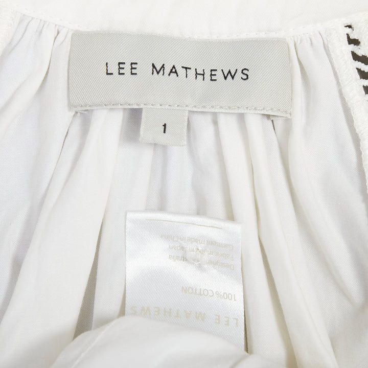 LEE MATHEWS white cotton ruffle lace trim peasant blouse Sz.1 XS