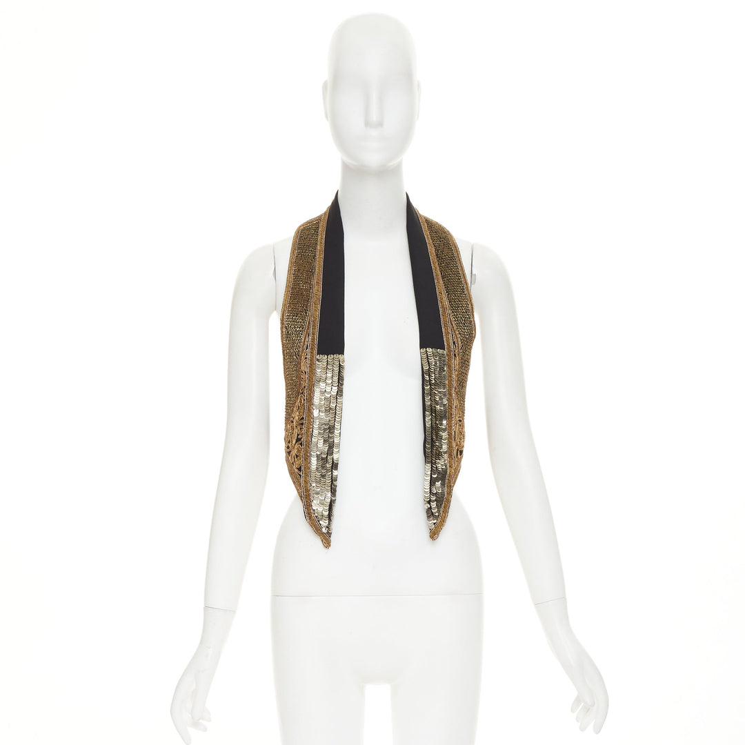 SAINT LAURENT 2017 gold sequins rope bead embellished waistcoat vest FR36 S