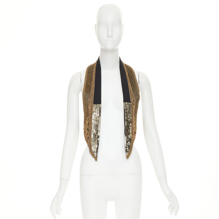 SAINT LAURENT 2017 gold sequins rope bead embellished waistcoat vest FR36 S
