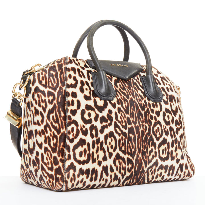 GIVENCHY Antigona brown leopard print calf skin silver logo top handle bag