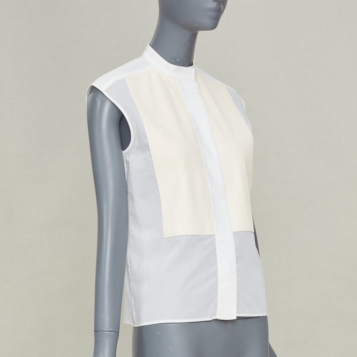 HERMES white pleated lambskin leather bib hidden button sheer cotton top FR34 XS