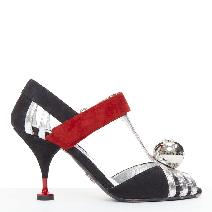 PRADA 2016 Runway mirrored dome ball red black mixed architectural heels EU37.5