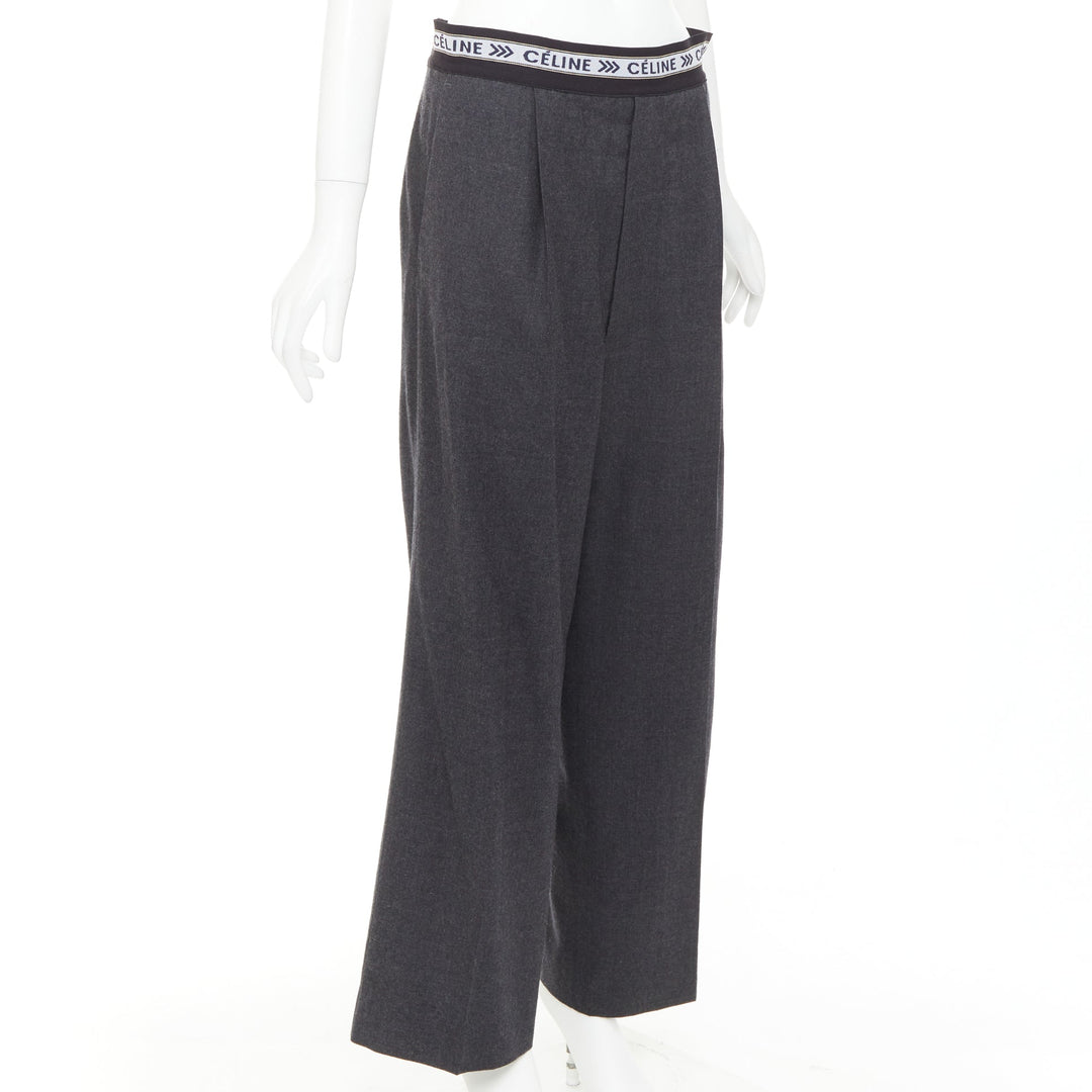 CELINE Phoebe Philo grey wool logo waistband wide leg trousers FR34 XS