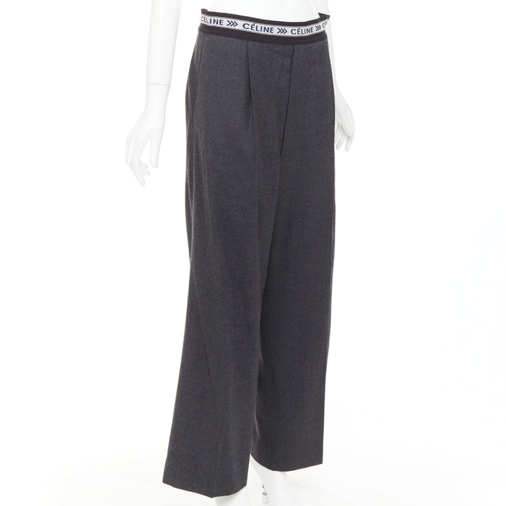 CELINE Phoebe Philo grey wool logo waistband wide leg trousers FR34 XS