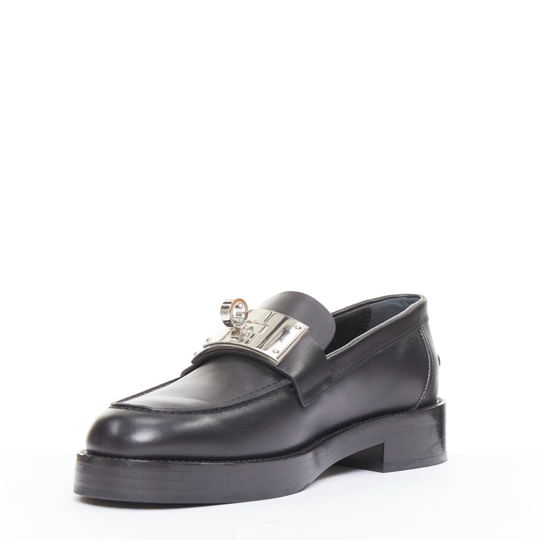 HERMES 2023 Hot Loafer black calfskin palladium Kelly buckle shoes EU38.5