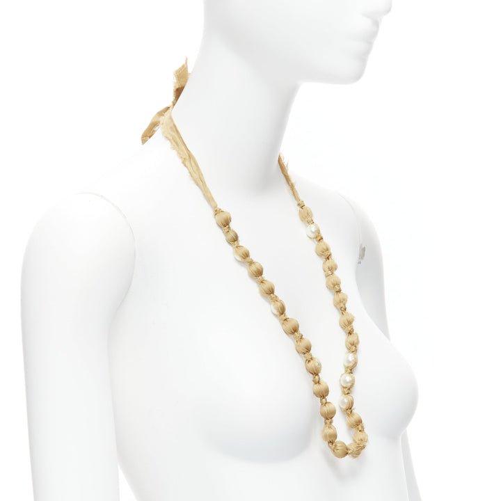 LANVIN ALBER ELBAZ gold silk ribbon cream pearl wrap long necklace