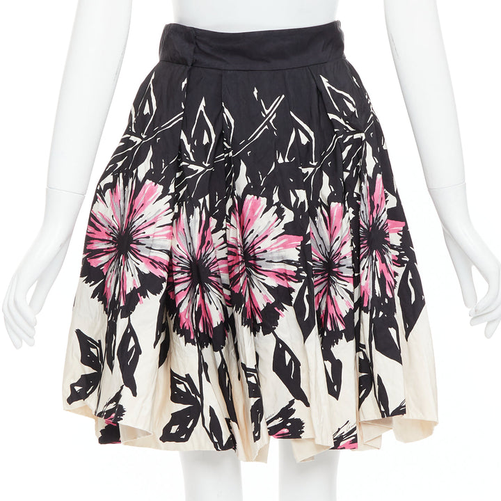 GUCCI 2007 100% silk black cream abstract floral flared bubble skirt IT40 M