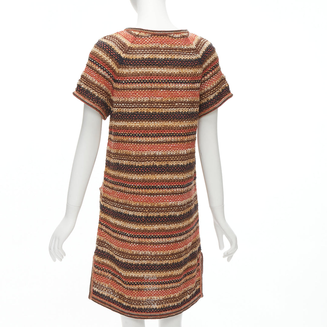 CHANEL 2018 Runway CC button brown striped linen cotton knit dress FR38 M
