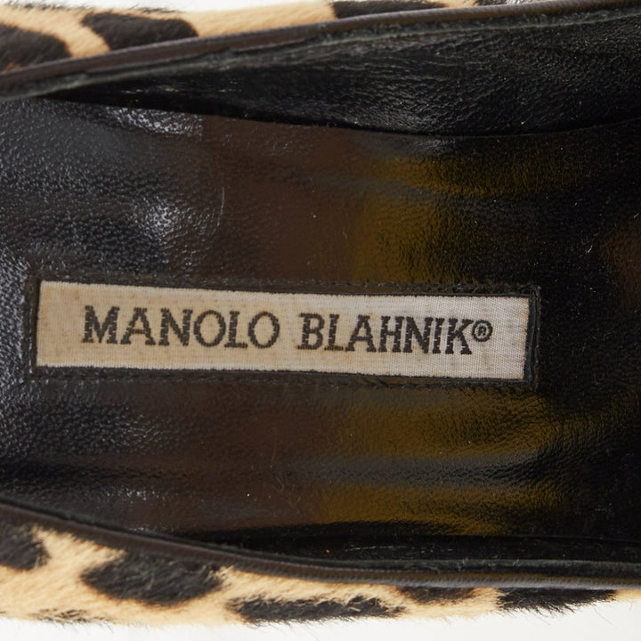MANOLO BLAHNIK Vintage leopard print calf hair suede bow pointed toe pumps EU37