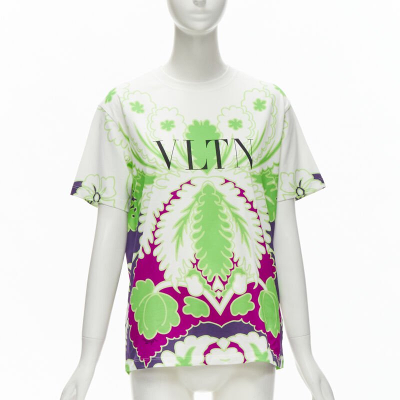 VALENTINO VLTN white neon green purple floral print cotton tshirt XS