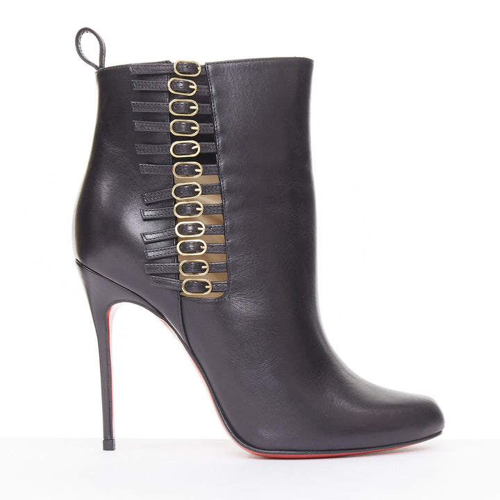 CHRISTIAN LOUBOUTIN Safety 100 black calf leather buckle stiletto boots EU37