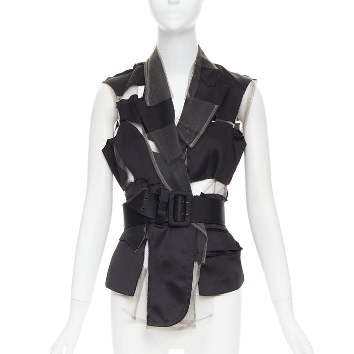 COMME DES GARCONS 2007 Runway black satin sheer patchwork tulle belted vest S