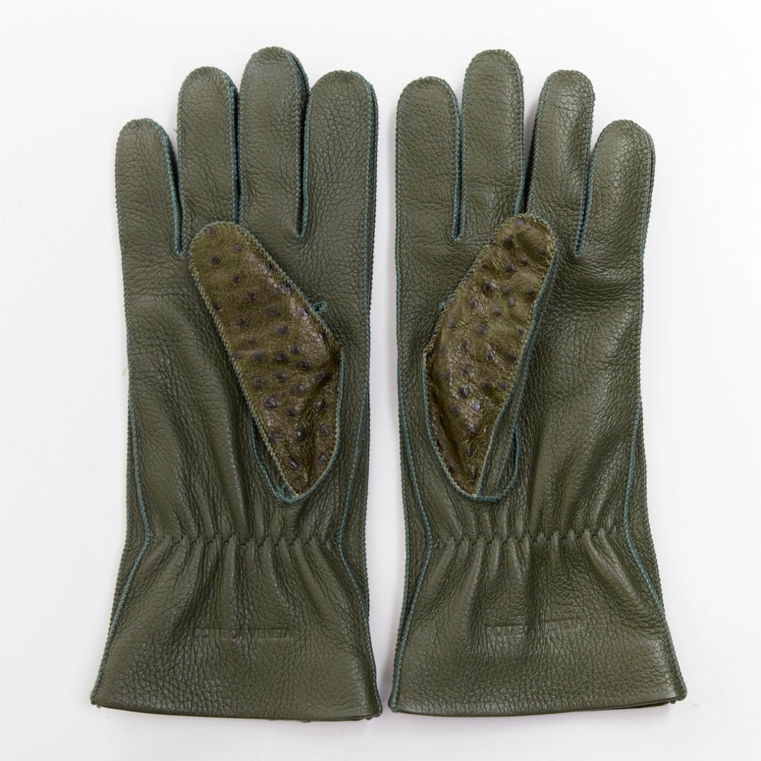 BOTTEGA VENETA dark green ostrich-effect buf goatskin cashmere lined gloves Sz.8
