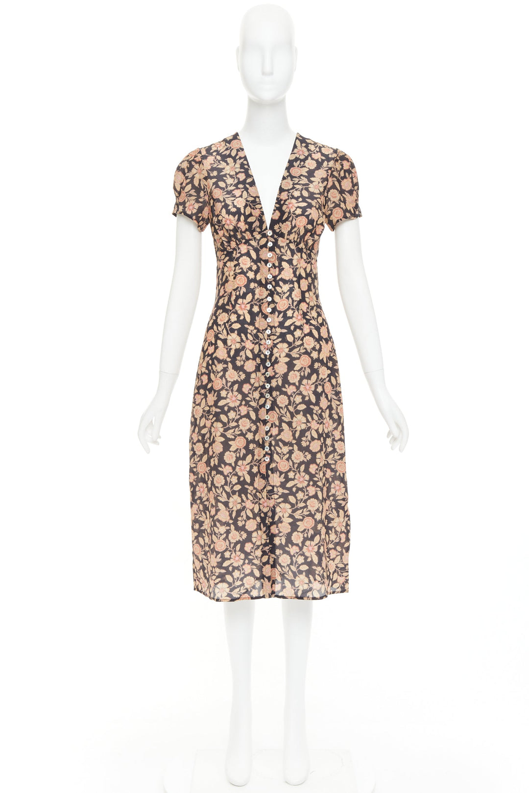 REALISATION Monica silk brown black floral shell buttons puff sleeve dress XS