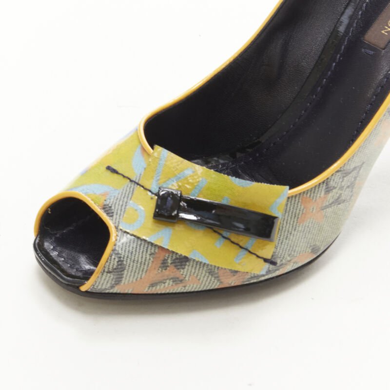 LOUIS VUITTON 2008 Richard Prince denim yellow monogram peep toe heel EU37