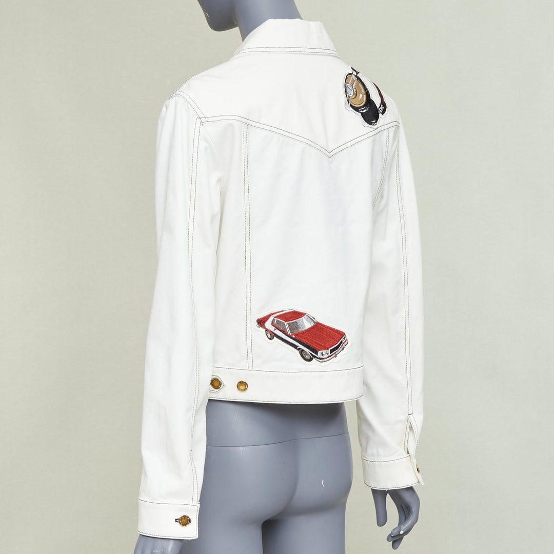LOUIS VUITTON Virgil Abloh 2021 Runway cream denim embroidered badge coat FR36 S