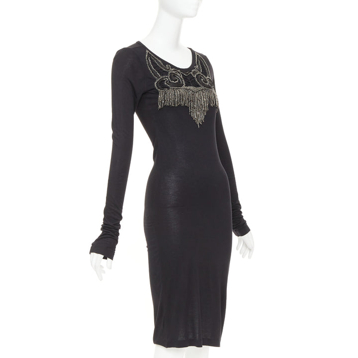 GIVENCHY black silver crystal chain fringe embellished modal dress XS