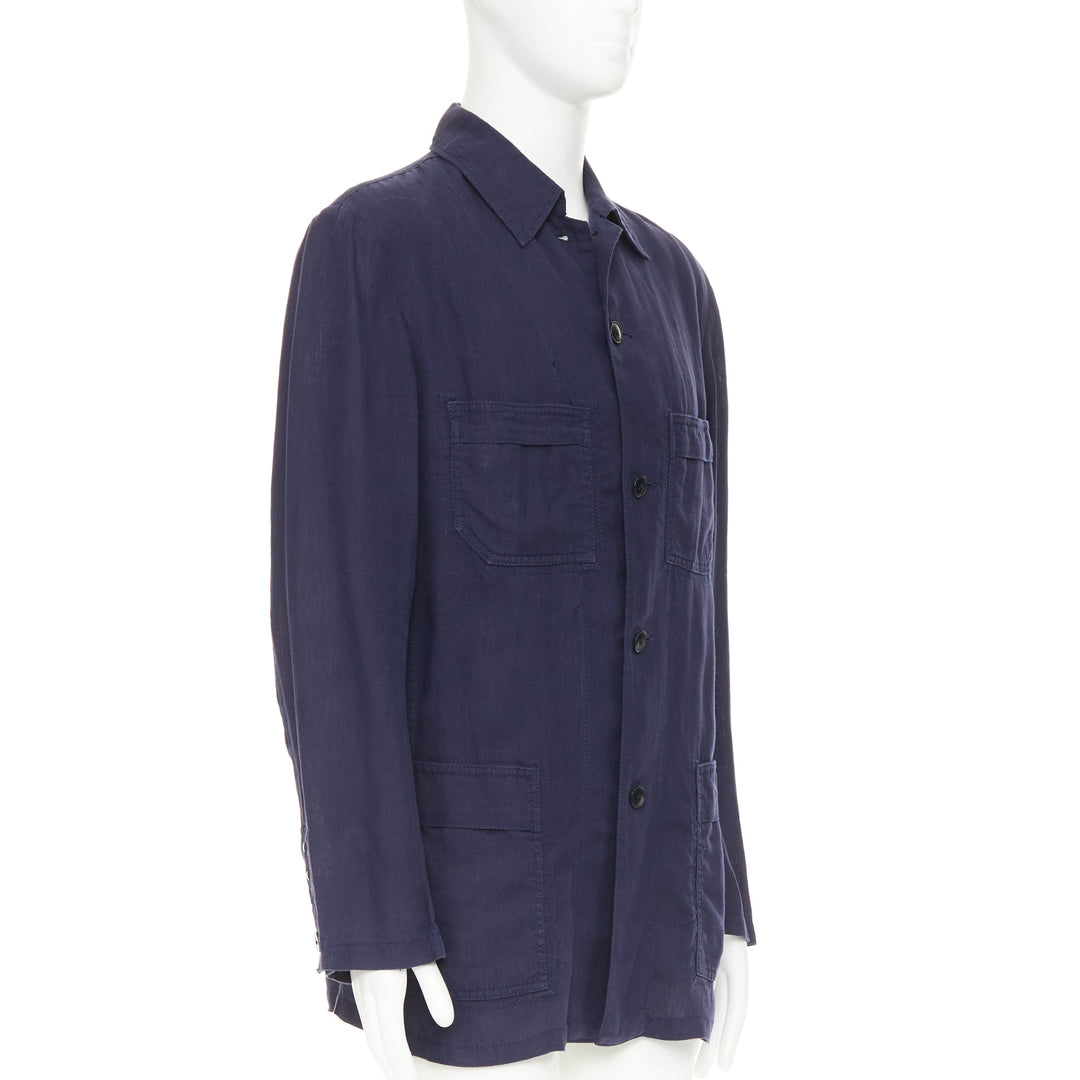 Y'S YOHJI YAMAMOTO navy linen 4-pocket safari long-line work shirt jacket JP3 L