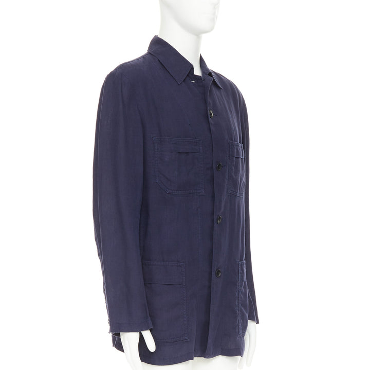 Y'S YOHJI YAMAMOTO navy linen 4-pocket safari long-line work shirt jacket JP3 L