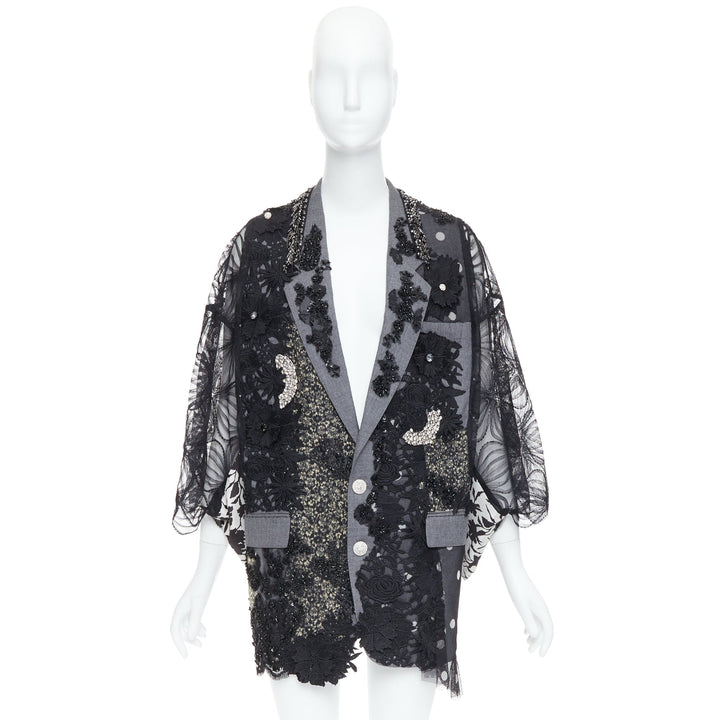 ANTONIO MARRAS black grey fleece wool embellished kimono blazer coat