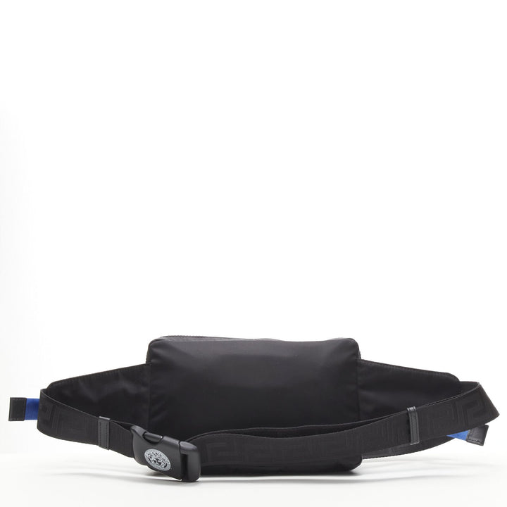 VERSACE reflective logo black nylon Greca strap crossbody belt waist bag