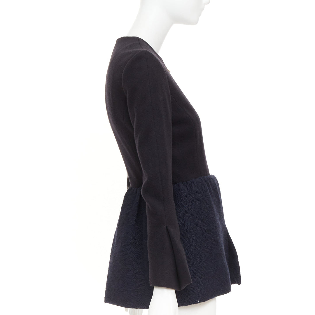 THE ROW Loxton black navy structured wool textured peplum gold zip coat US0 XS
