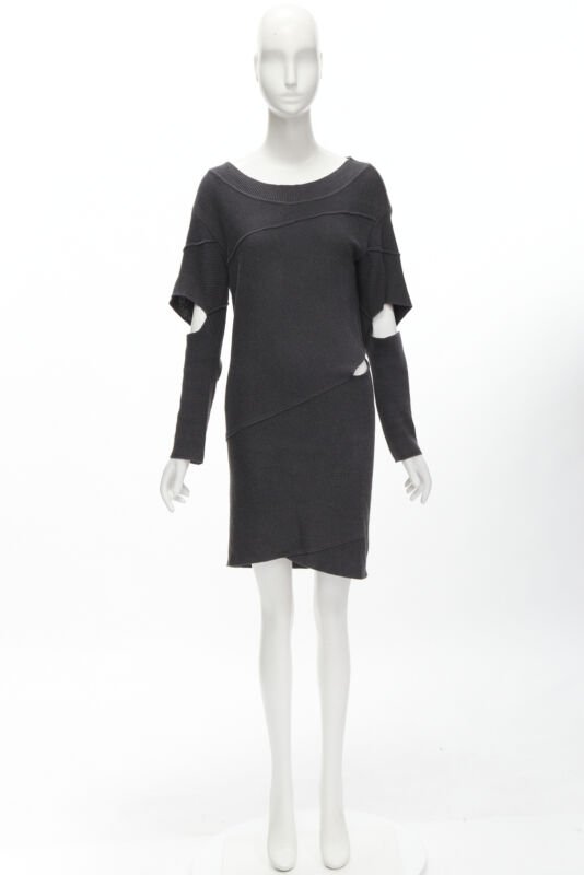 rare ISSEY MIYAKE 1980's Vintage grey deconstructed bias cutout sweater dress M