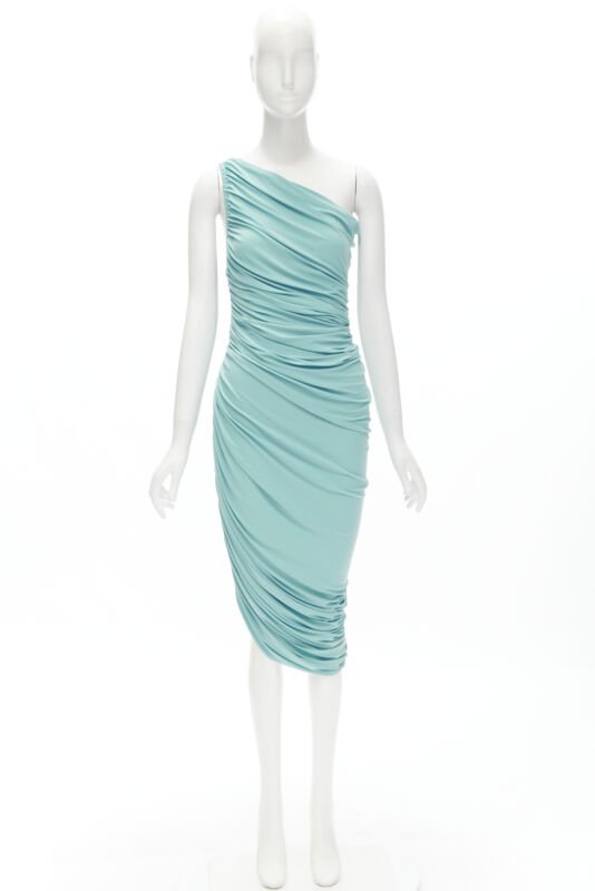 NORMA KAMALI Diana sky blue one shoulder ruched jersey bodycon dress XS