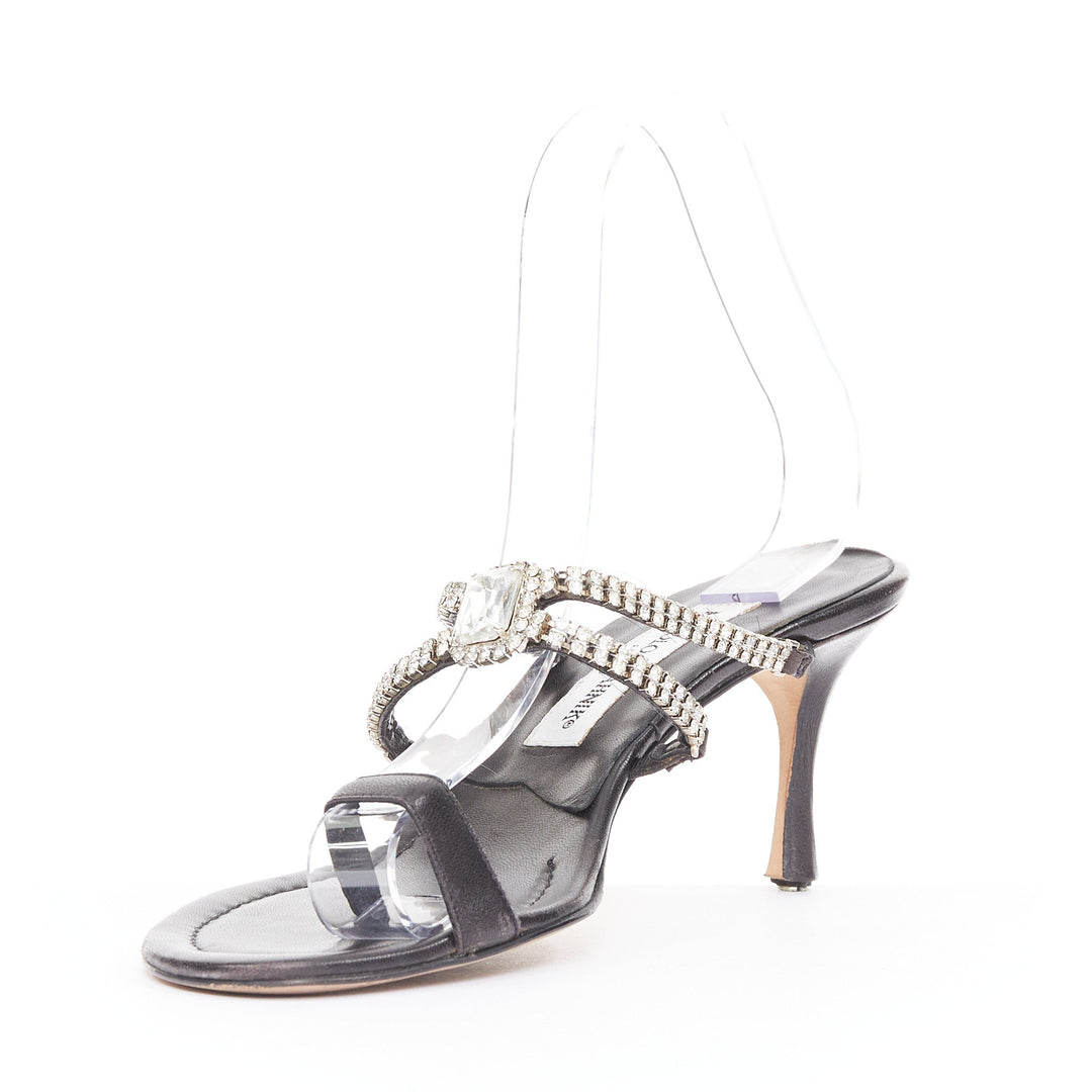 MANOLO BLAHNIK Vintage black leather crystal toe ring stiletto sandals EU37.5