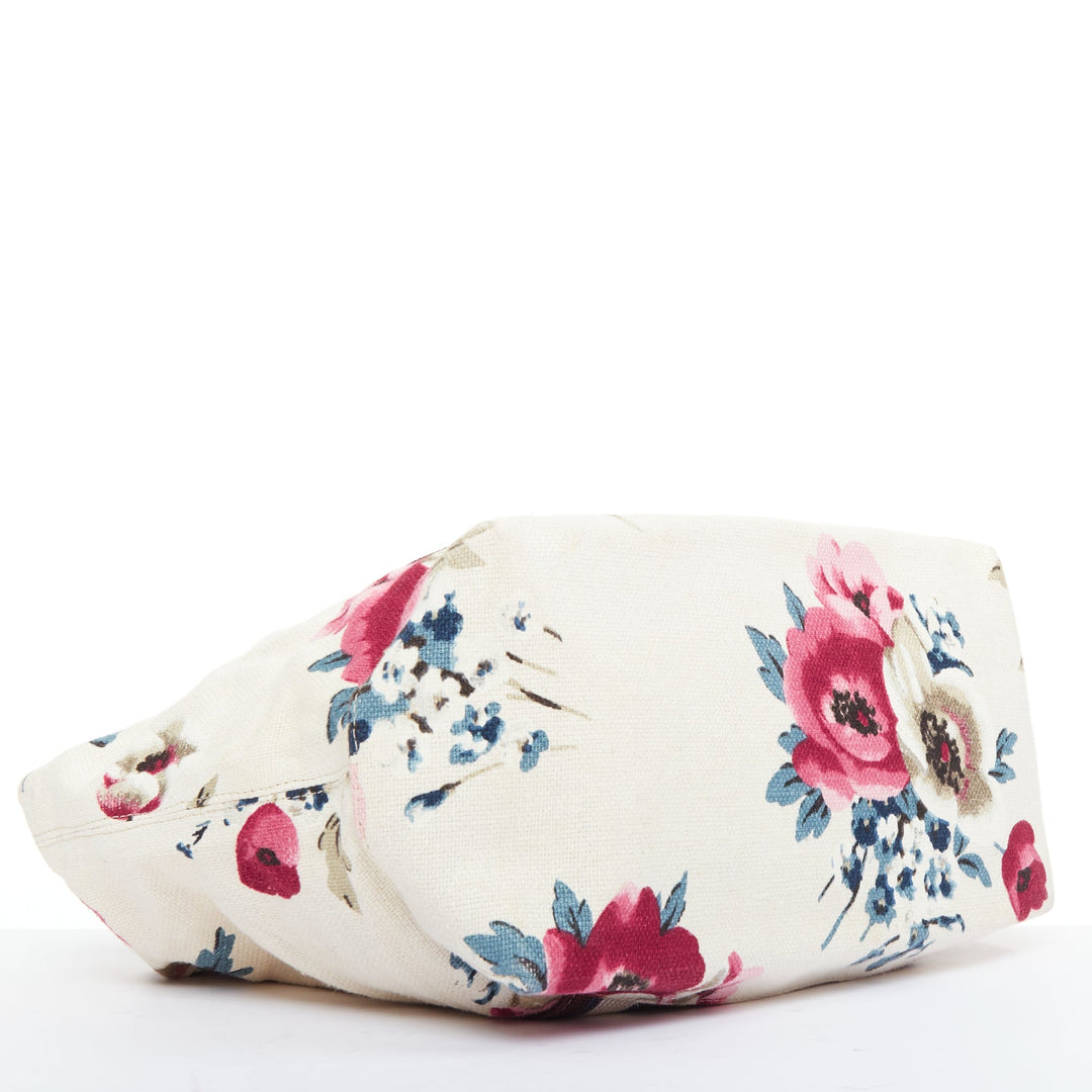MARNI cream canvas pink floral print brown web trim casual tote bag