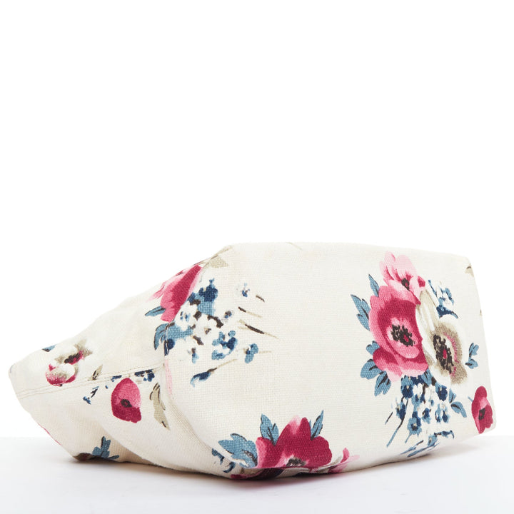 MARNI cream canvas pink floral print brown web trim casual tote bag