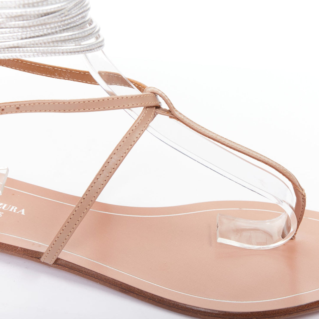 AQUAZZURA Spin Me Around silver coil nude leather gladiator flat sandals EU37.5