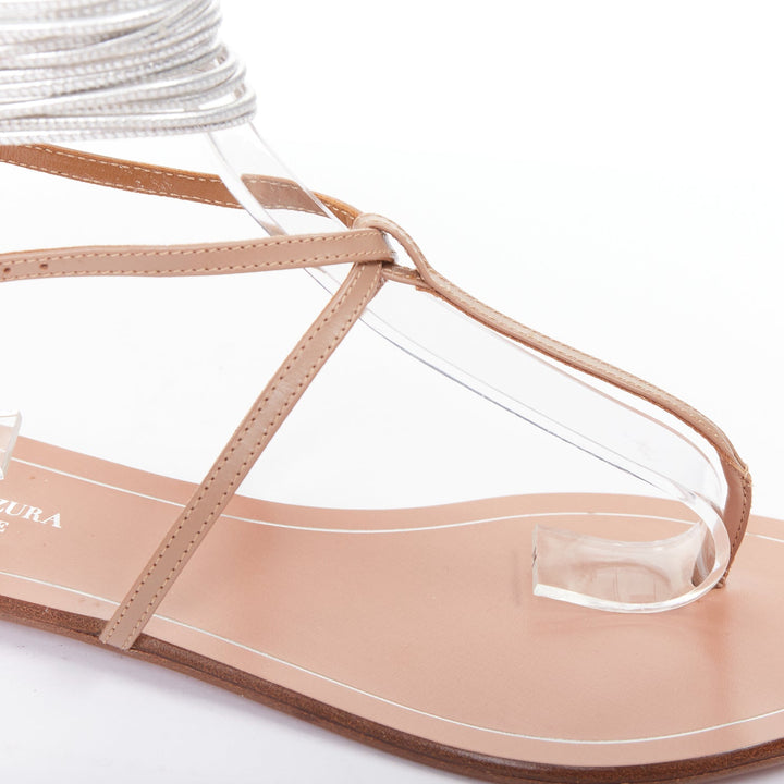 AQUAZZURA Spin Me Around silver coil nude leather gladiator flat sandals EU37.5