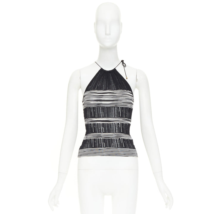 MISSONI black white cotton multi horizontal striped open knit halter top IT38 XS