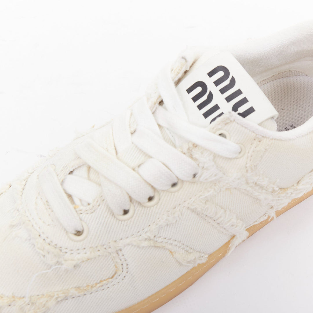 MIU MIU Denim beige raw cut frayed canvas skateboard sneakers EU37