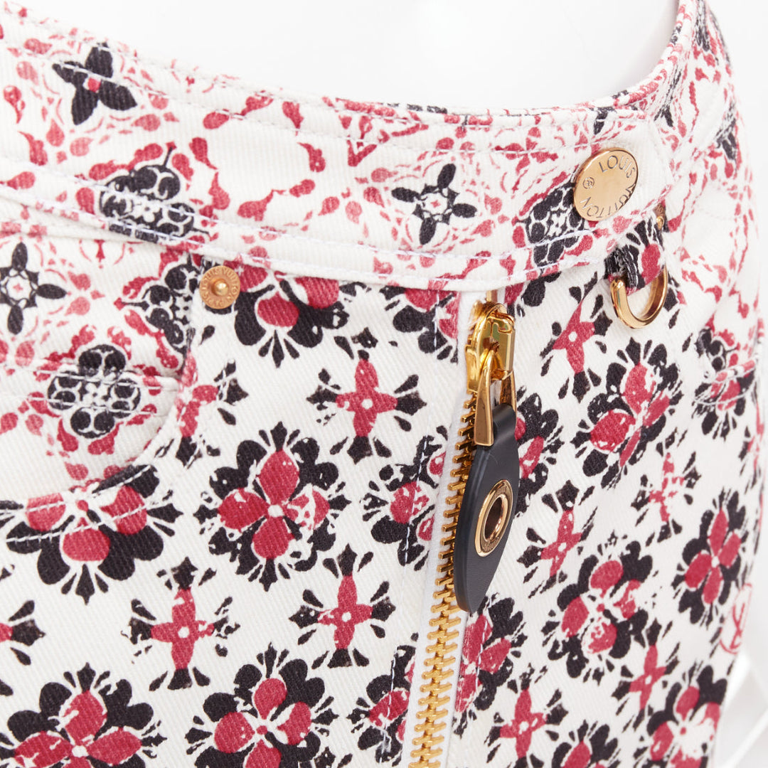 LOUIS VUITTON 2023 Vintage Monogram red cream floral denim zip skirt FR34 XS