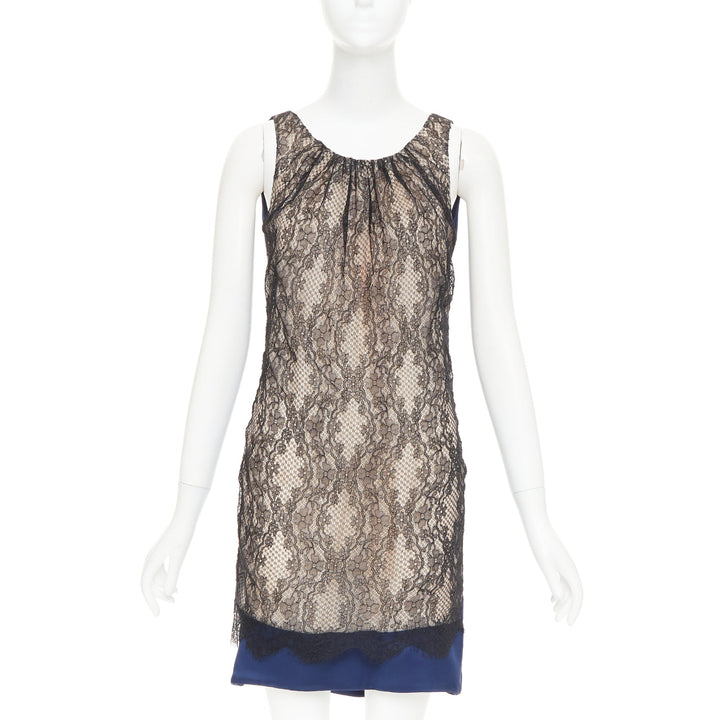 VALENTINO 2008 Vintage black lace overlay nude navy satin back mini dress UK6 XS