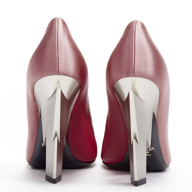 PRADA Lightning Bolt pink silk satin silver metal heel pump EU38.5