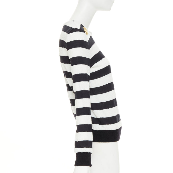 BALMAIN black off white stripes gold lion buttons square neck pullover FR36 S