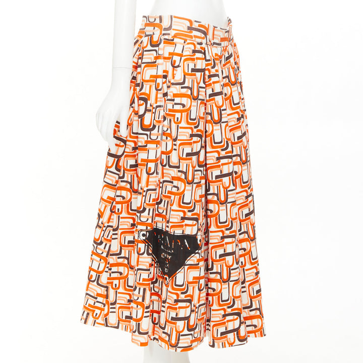 PRADA 2021 Runway orange geometric link print triangle logo cotton midi skirt M