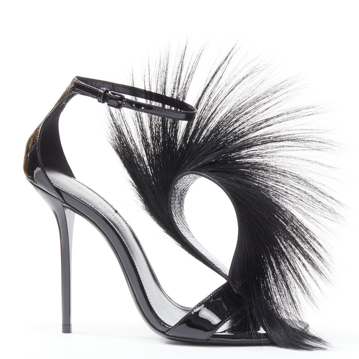 SAINT LAURENT Jamie 110 Runway black fur mohawk patent sandals EU37.5