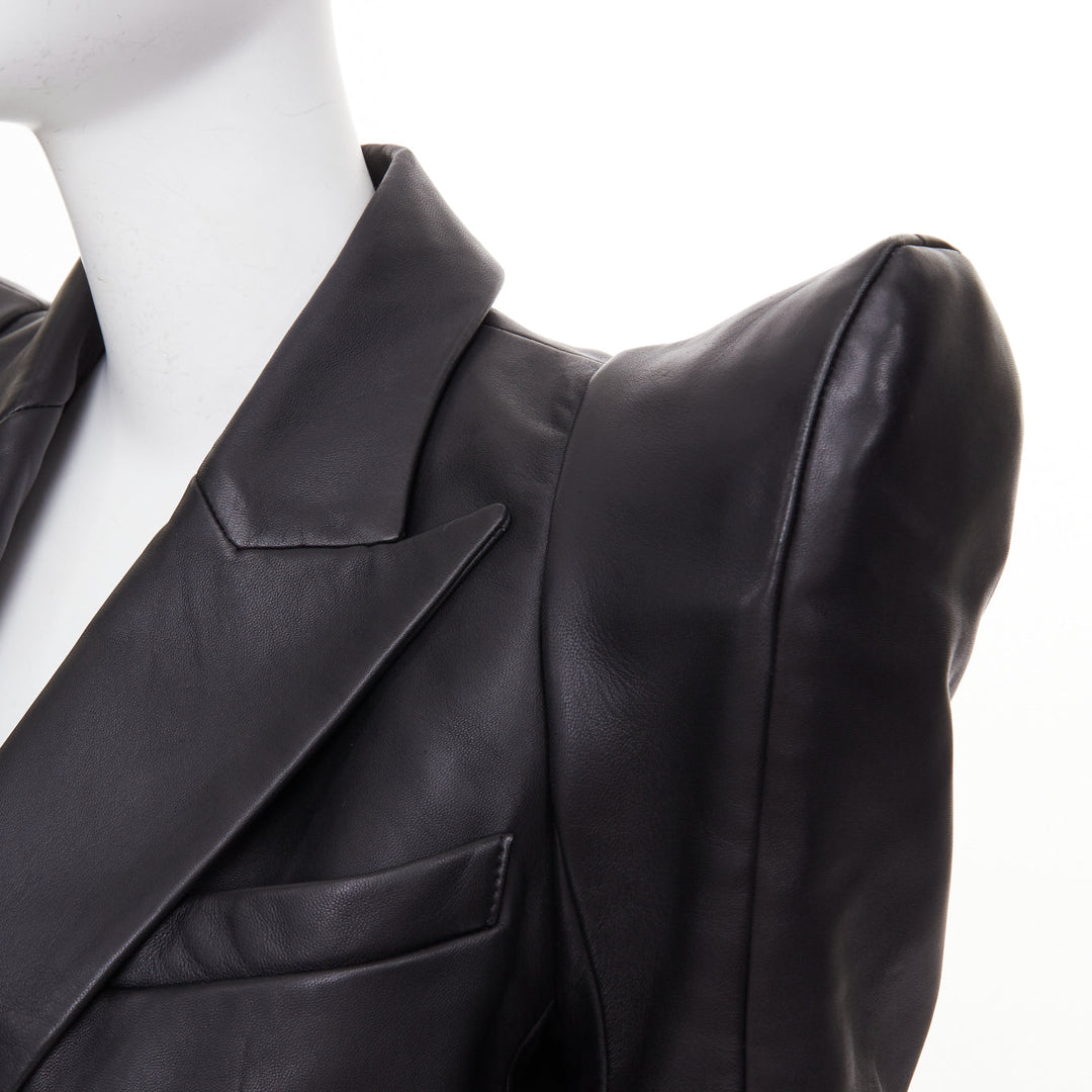 BALMAIN black lambskin leather gold buttons Pagoda shoulders jacket FR34 XS