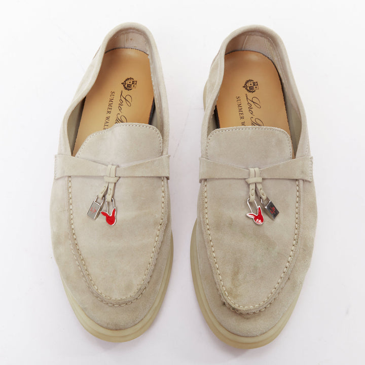 LORO PIANA Summerwalk Chamslofer sand suede Rabbit pendant loafers EU37