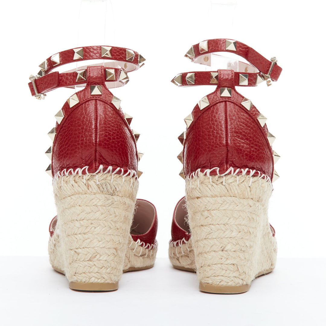 VALENTINO Rockstud 85 red leather jute espadrille wedge EU39