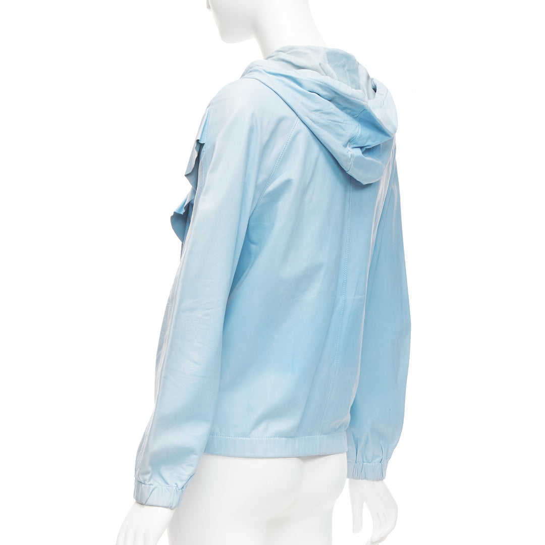 RED VALENTINO powder blue lambskin leather ruffle panel hoodie jacket IT40 S